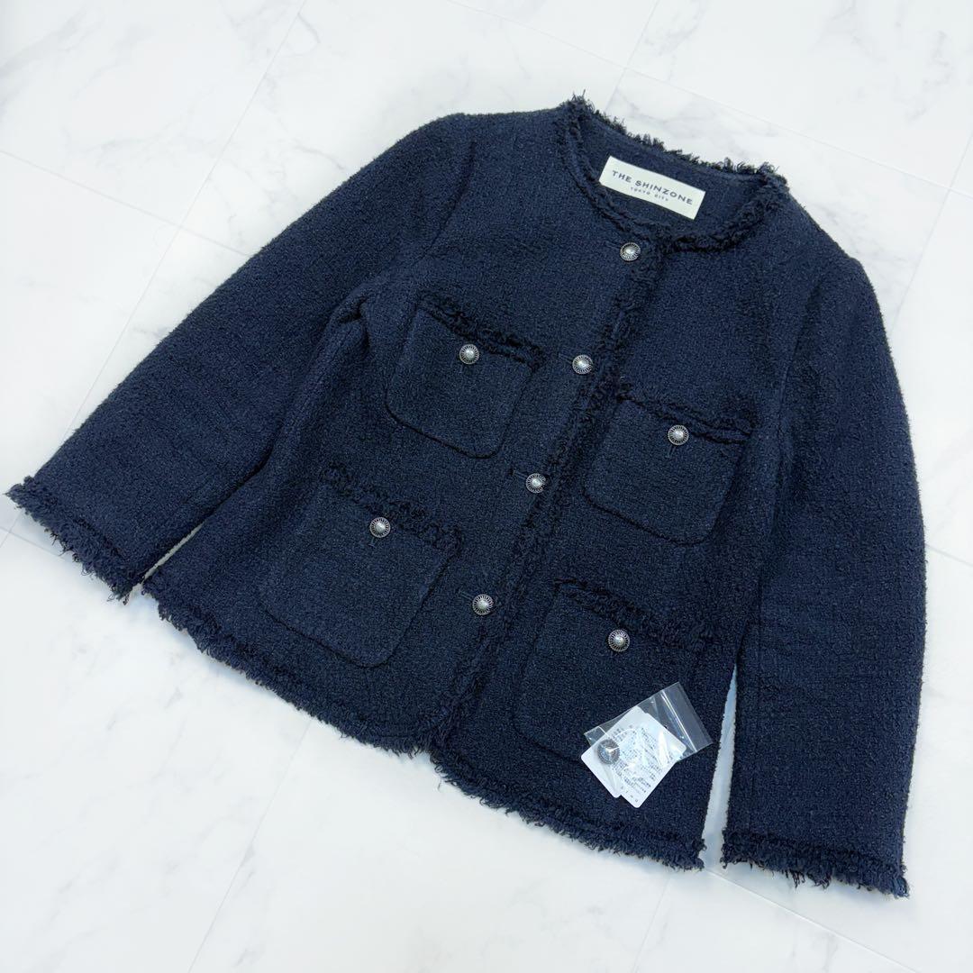 シンゾーン ツイード ノーカラージャケット 紺色 36 希少 日本製 長袖 シルク混 コットン 日本製拍卖