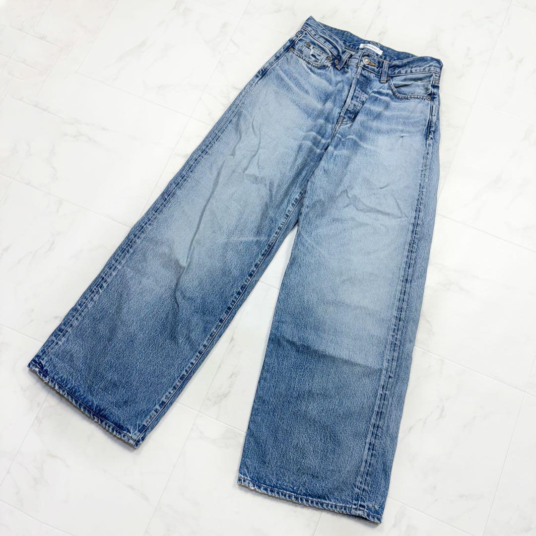 マウジー MIDRISE BAGGY ワイドデニムパンツ ダメージ加工 26 青 ジーンズ ジーパン 日本製拍卖