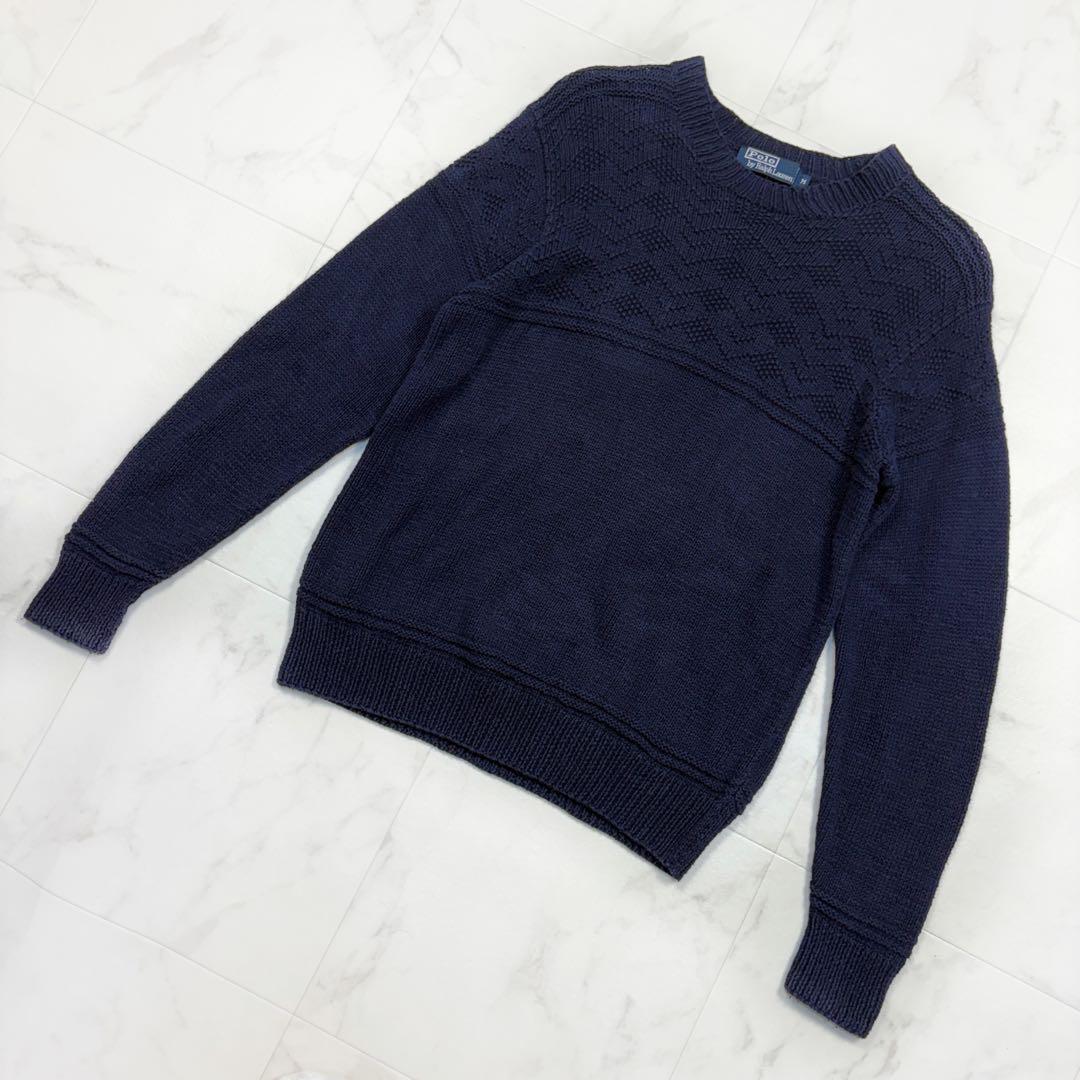 ラルフローレン ハンドニット 紺色 M 90's 古着 リネン コットン 長袖 ー 拍卖