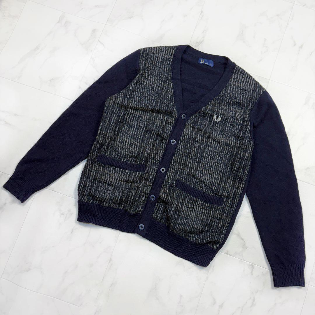 フレッドペリー ロゴ シルバー刺繍 カーディガン チェック M ウール 月桂樹 ニット ヒットユニオン ロゴボタン拍卖