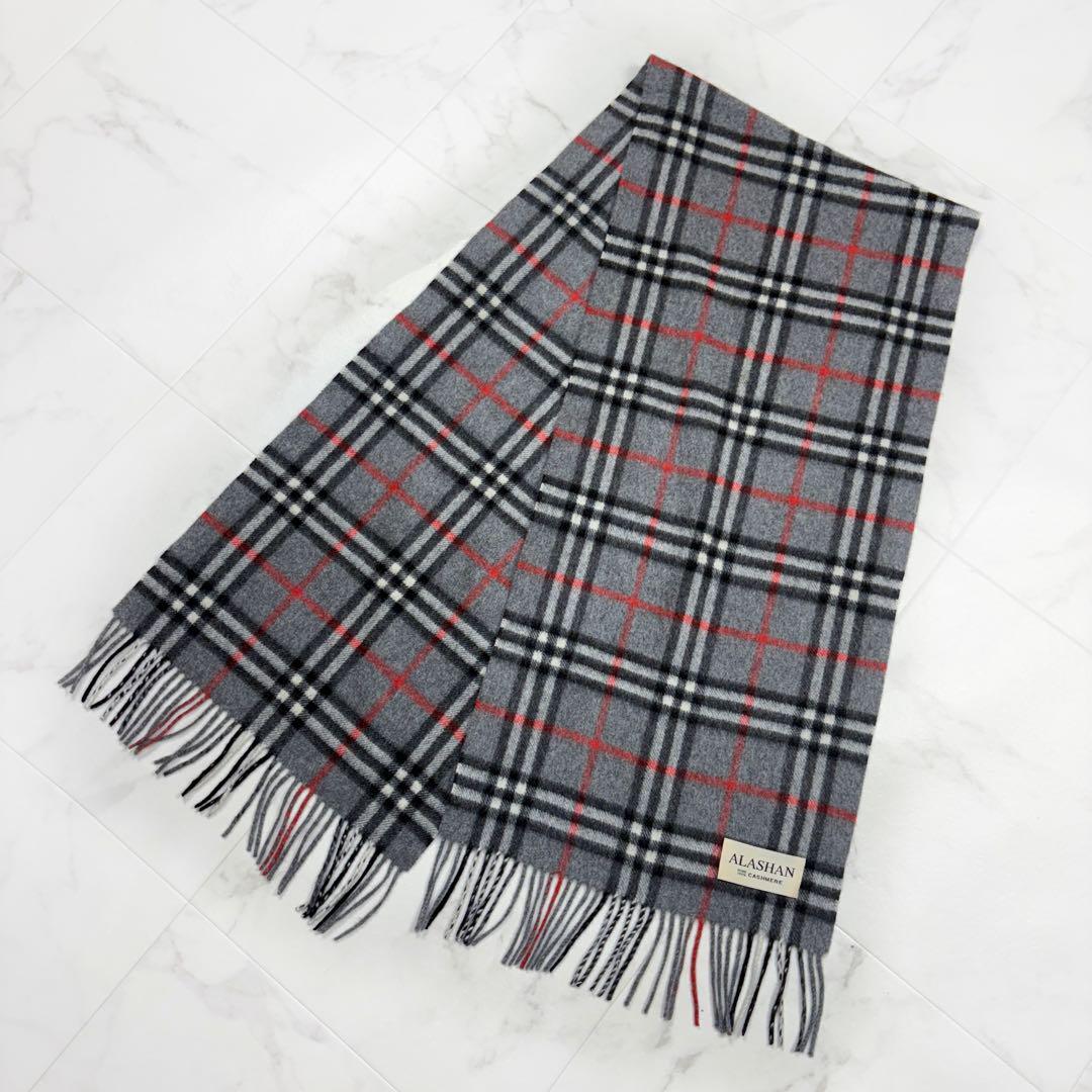 ALASHAN カシミヤ100% チェック マフラー グレー 赤 黒 フリンジ拍卖