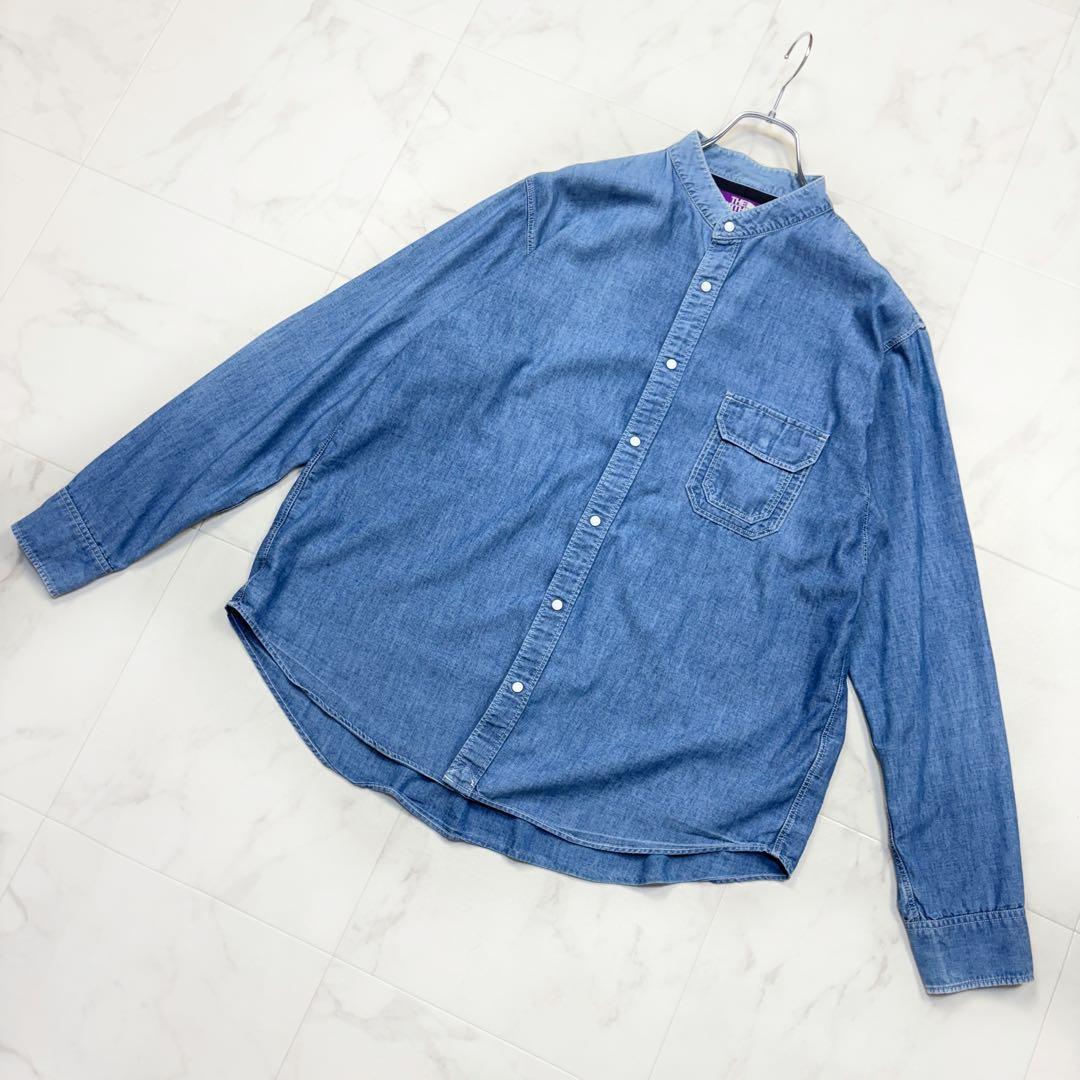 ノースフェイスパープル デニムシャツ バンドカラー L シャンブレーシャツ 長袖拍卖