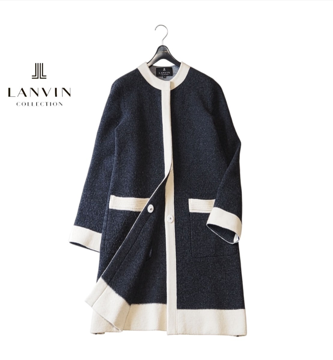 新品同様★ランバンコレクション LANVIN★13万★配色 ウール100% ロングカーディガン ニットコートsize38/M相当拍卖