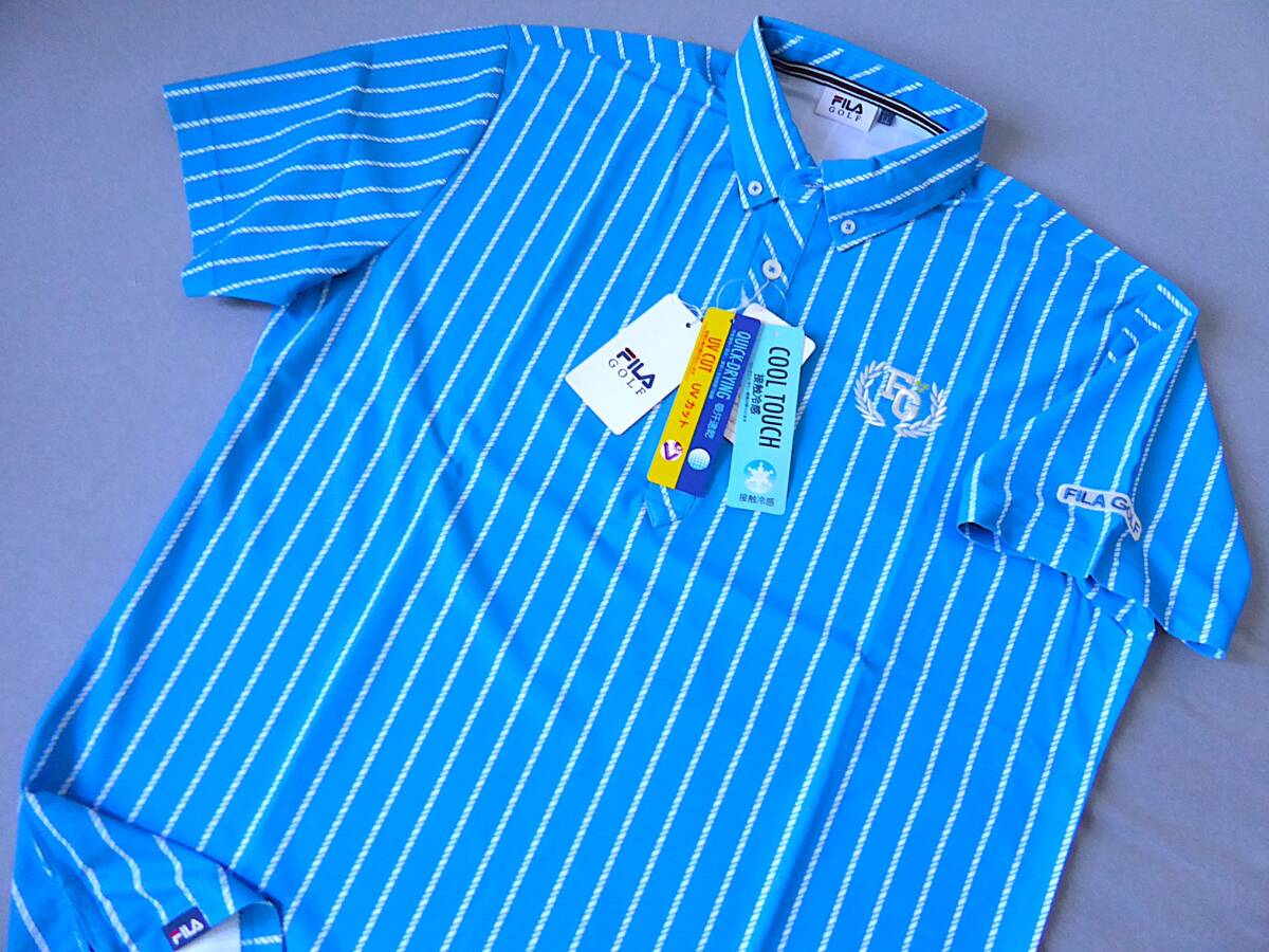 FILA GOLF フィラ ゴルフ 接触冷感 吸汗速乾 UV CUT ストレッチ ストライプ柄 ボタンダウン半袖ポロシャツ LL 青拍卖