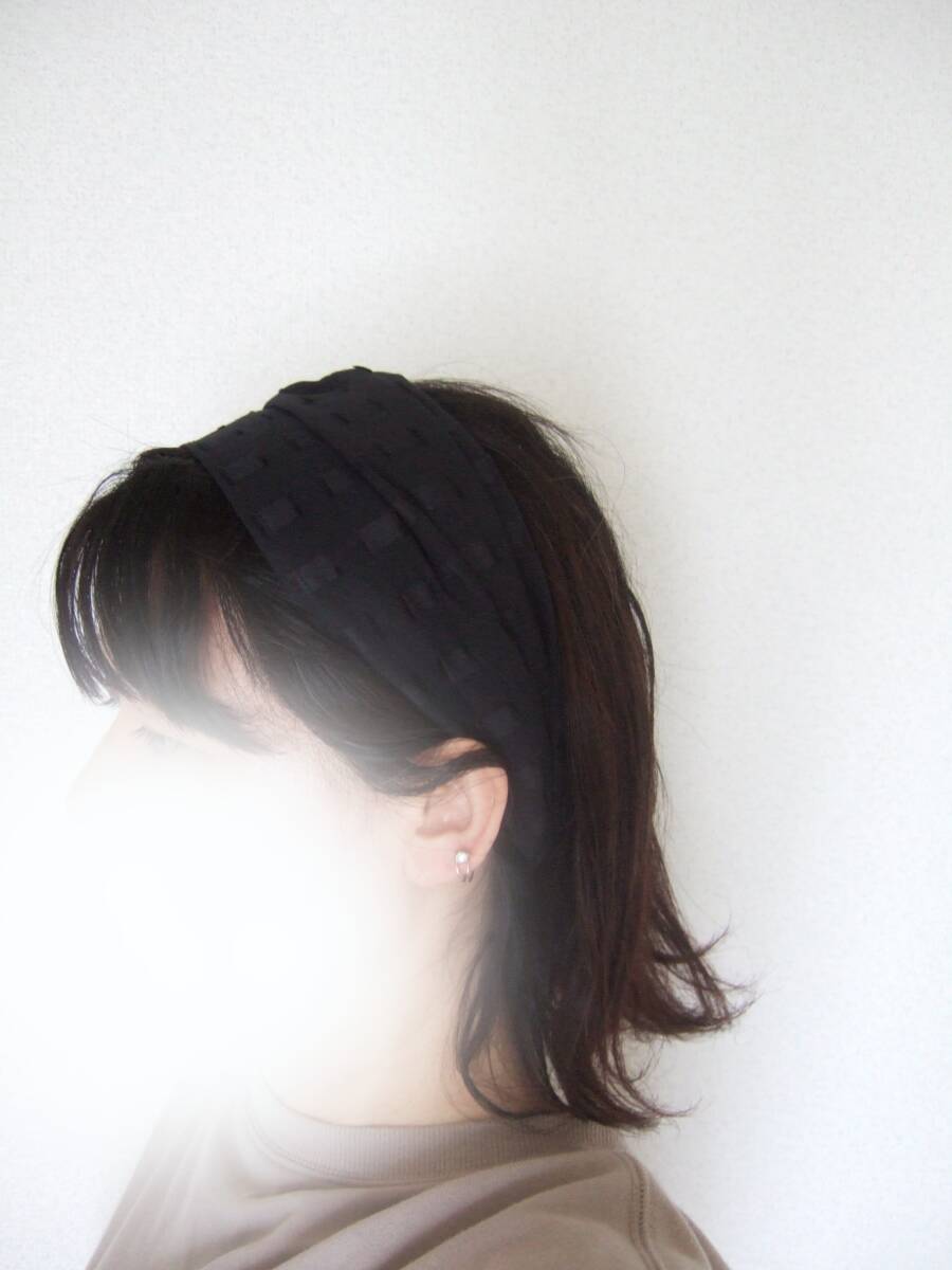★即決★ハンドメイド 再販:シーアな布感に立体ドビー織の■がかわいいシースルー 黒 ゆるターバン* ヘアバンド 拍卖