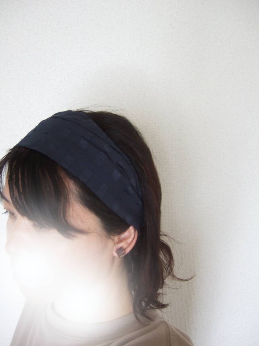 ★即決★ハンドメイド シーアな布感に立体ドビー織の■がかわいいシースルー 紺 ゆるターバン* ヘアバンド 拍卖