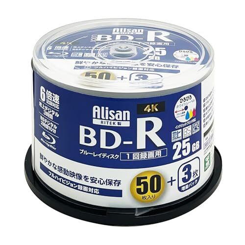 BD-R Alisan(アリサン) ブルーレイディスク BD-R 1回録画用 25GB 53枚(50枚+3枚増量) スピンドル 片拍卖