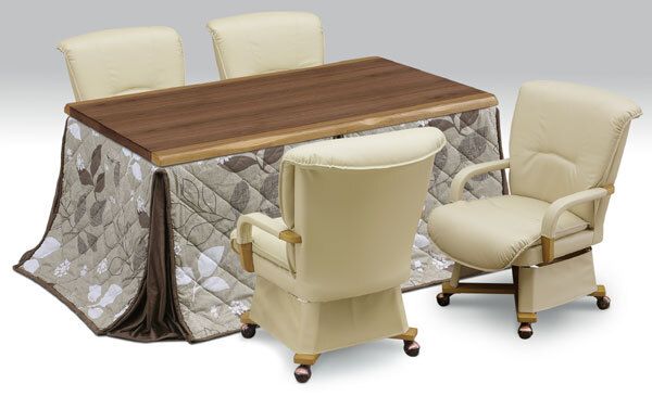 ハイタイプ高脚/ダイニングコタツ こたつ150センチ幅(長方形)+肘付椅子4脚+植物柄布団の6点セット ライトブラウン色拍卖