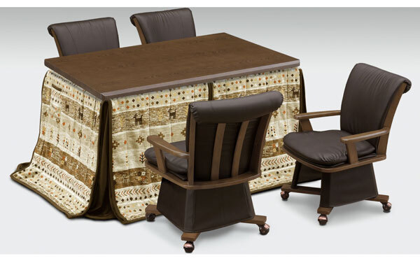 ハイタイプ高脚/ダイニングコタツ こたつ135センチ幅(長方形)+肘付椅子4脚+アートギャベ柄布団の6点セット ブラウン色拍卖