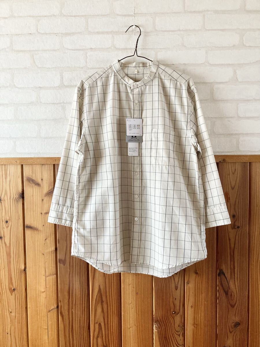 新品 メンズ TOPVALU 麻混 7分袖 シャツ Lサイズ ベージュ系 チェック バンドカラー ノーカラー リネン混 吸汗速乾 シワになりにくい Y拍卖