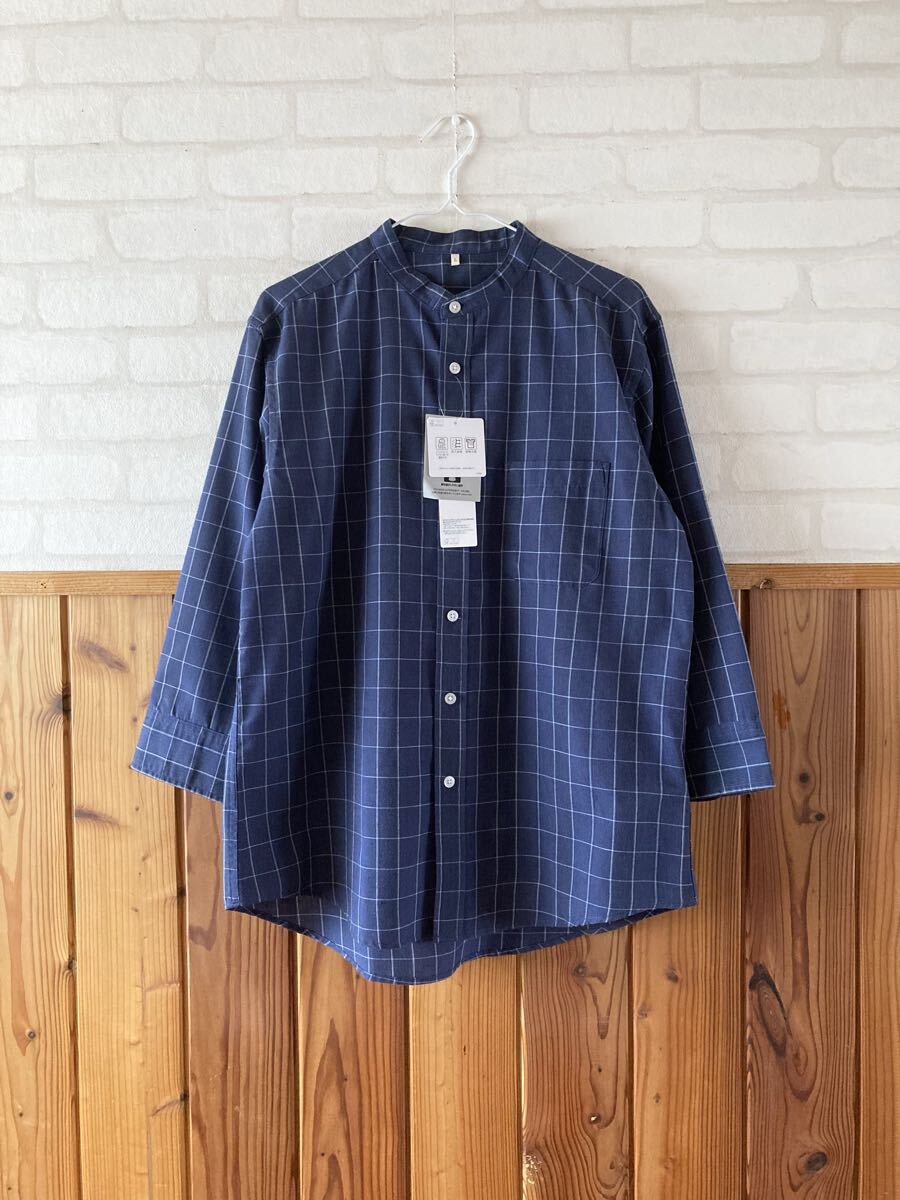 新品 メンズ TOPVALU 麻混 7分袖 シャツ Lサイズ 紺 ネイビー チェック バンドカラー ノーカラー リネン混 吸汗速乾 シワになりにくい Y拍卖
