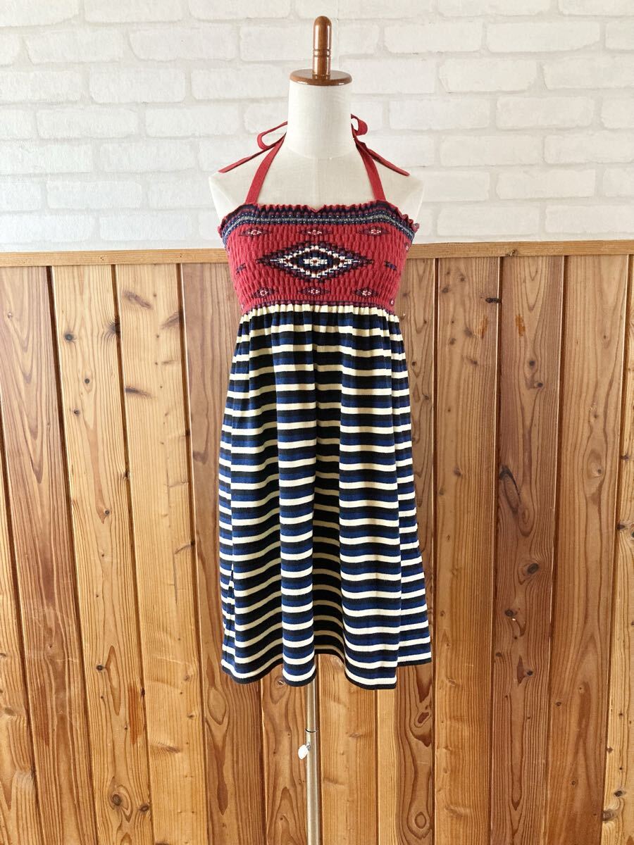 nusy レディース ニット ワンピース M-L-LL サイズ ホルターネック 赤 紺 白 黒 ボーダー ネイティブ柄 エスニック 膝丈 knit dress Z拍卖