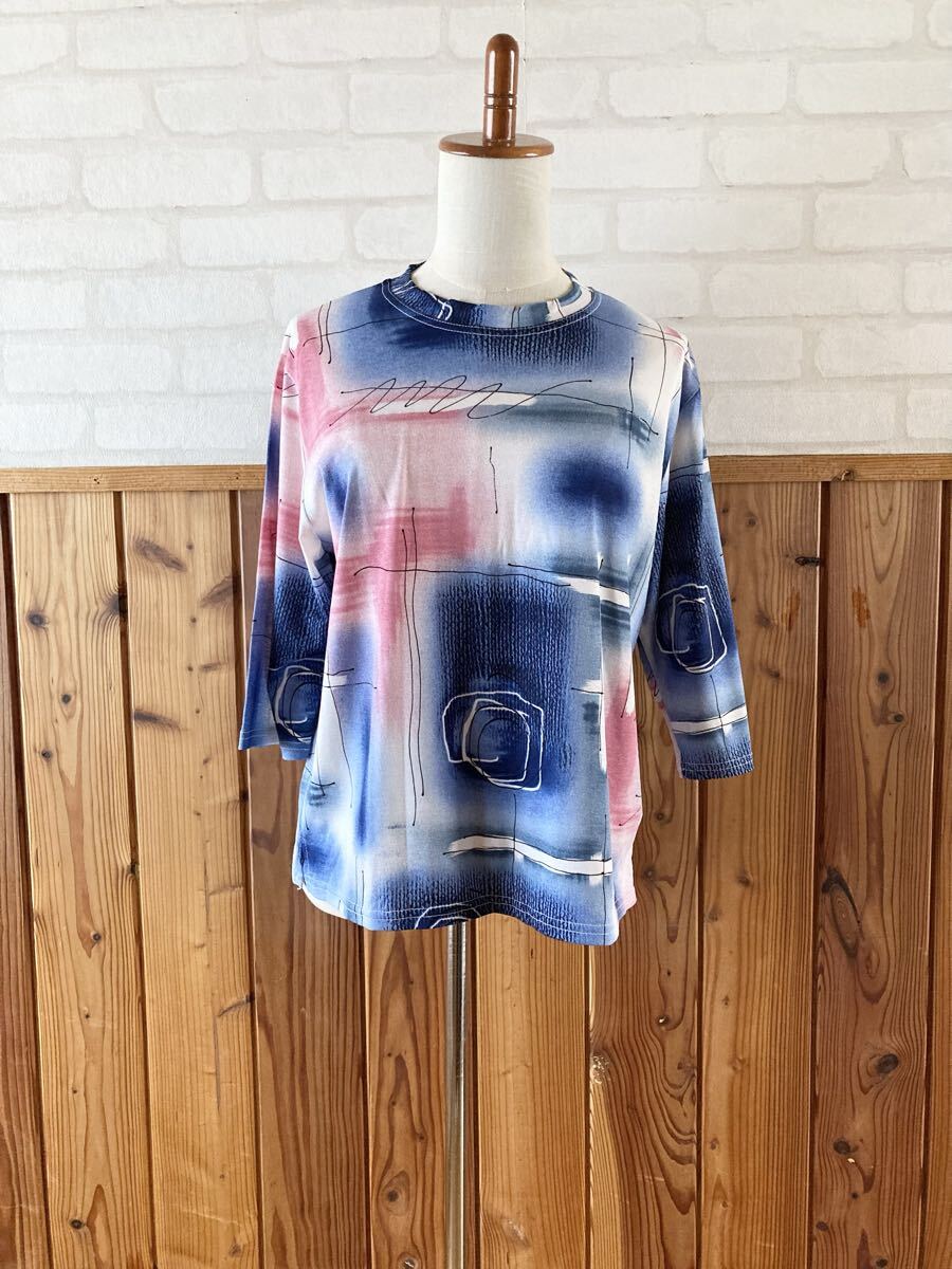 美品 VANZA レディース 五分袖 カットソー Lサイズ 紺 ブルー ピンク 白 トップス Tシャツ 上品 ヴァンザ プルオーバー shirt ⑪拍卖