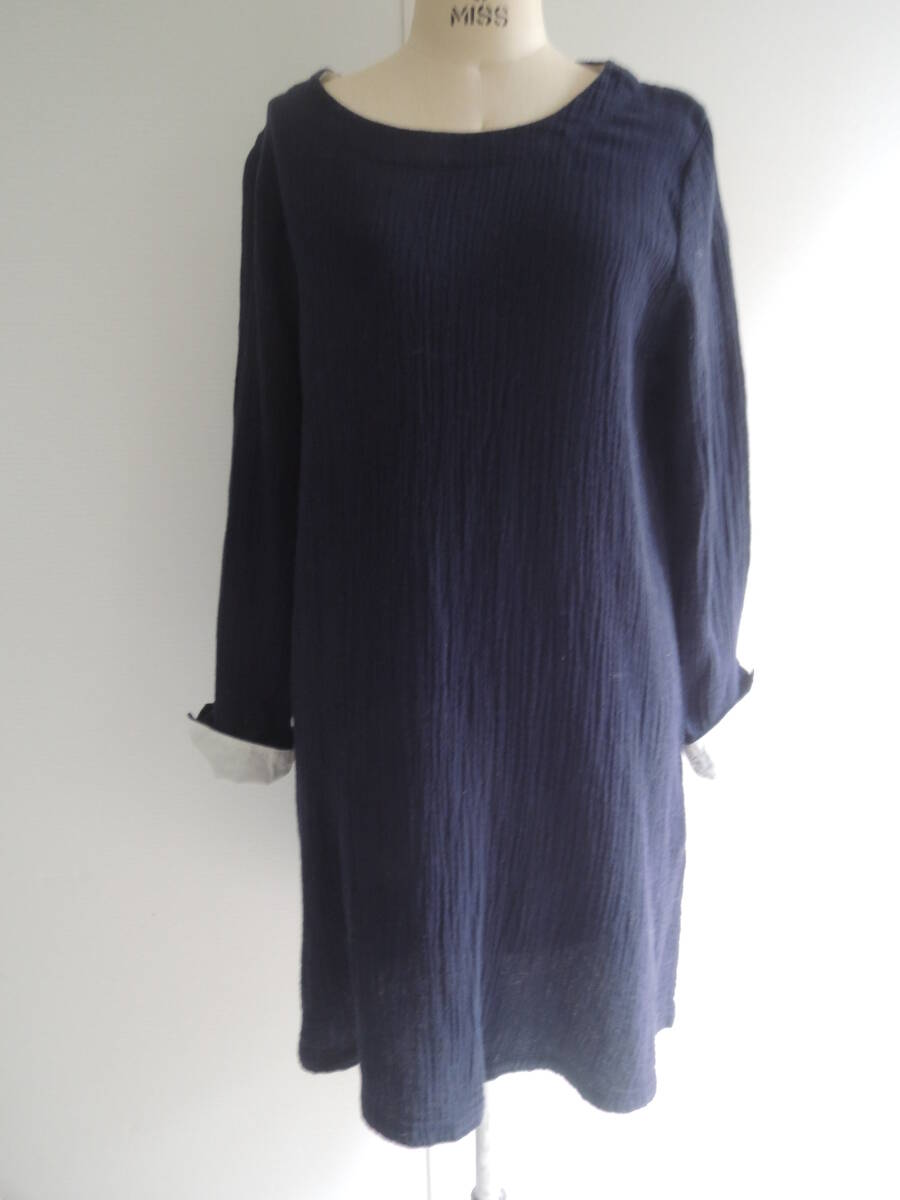 pur colore コットン楊柳 長袖ワンピース ピュアカラー 濃紺 L~LL お値下げ拍卖