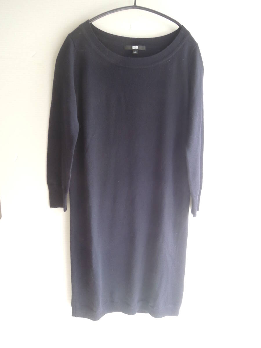 ユニクロ ウールマーク長袖ニットワンピース ハイゲージ濃紺ニット Sサイズ 美品拍卖