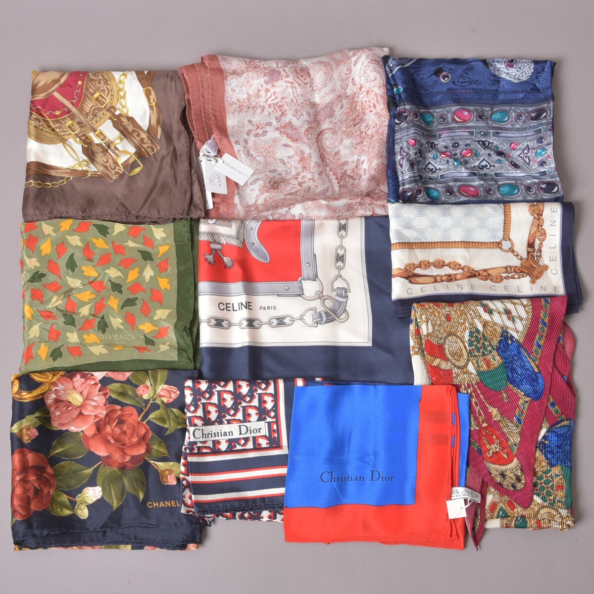 高級ブランド 大判スカーフ まとめ 10枚 CHANEL/ChristianDior/CELINE 他 トロッター 花柄 トリオンフ ショール 新品有 #60※0924-08/k.h拍卖