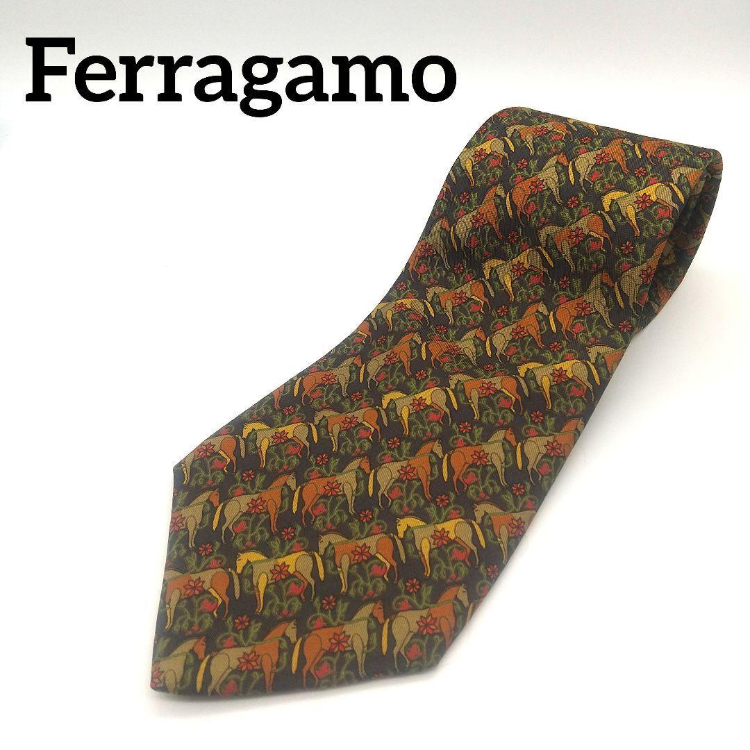 【100円〜】 美品 Salvatore Ferragamo ネクタイ シルク 馬 ダークグレー ワイドタイ フェラガモ拍卖