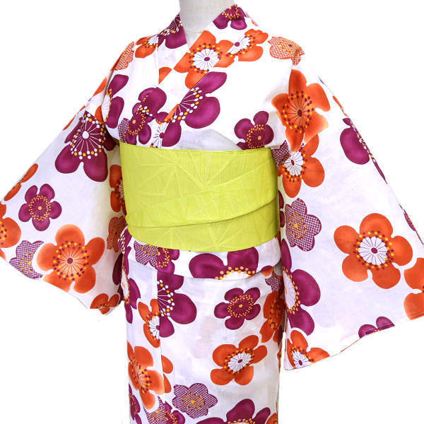 着物美人 浴衣 半幅帯 2点セット 綿 女浴衣 浴衣女性 浴衣女の子 浴衣帯付 浴衣白 浴衣帯 大人 女性 女の子 155-165【 オフ白 梅 】440114拍卖