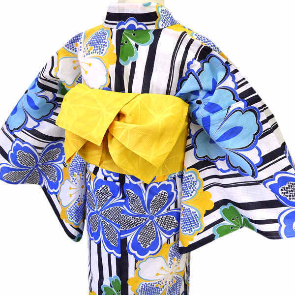 着物美人 浴衣 2点セット 変り織り 女浴衣 半幅帯黄 浴衣帯 帯付き 浴衣セット 街着 女性用 M F L 155-165 【 白 レトロ桜 】t442314拍卖