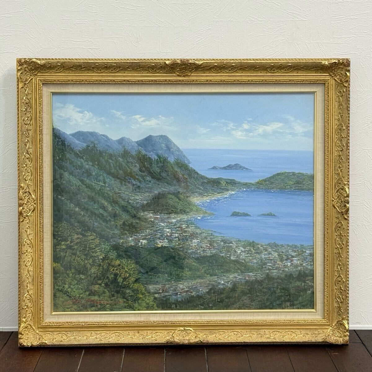 H19KZ12a 田所洋 額装 瀬戸内 F20号 真作保証 肉筆保証 油絵 油彩画 直筆サイン 装飾フレーム 風景画 サインあり 岐阜 引き取り希望拍卖