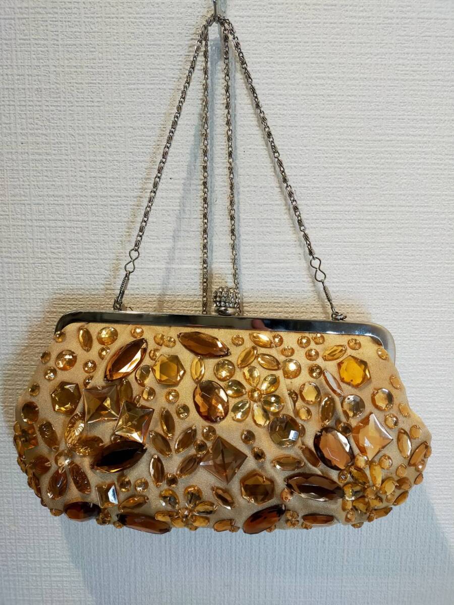 H 【MICHEL KLEIN】ミッシェルクラン スパンコール がま口 ビジューバッグ ハンドバッグ 約26cm程拍卖