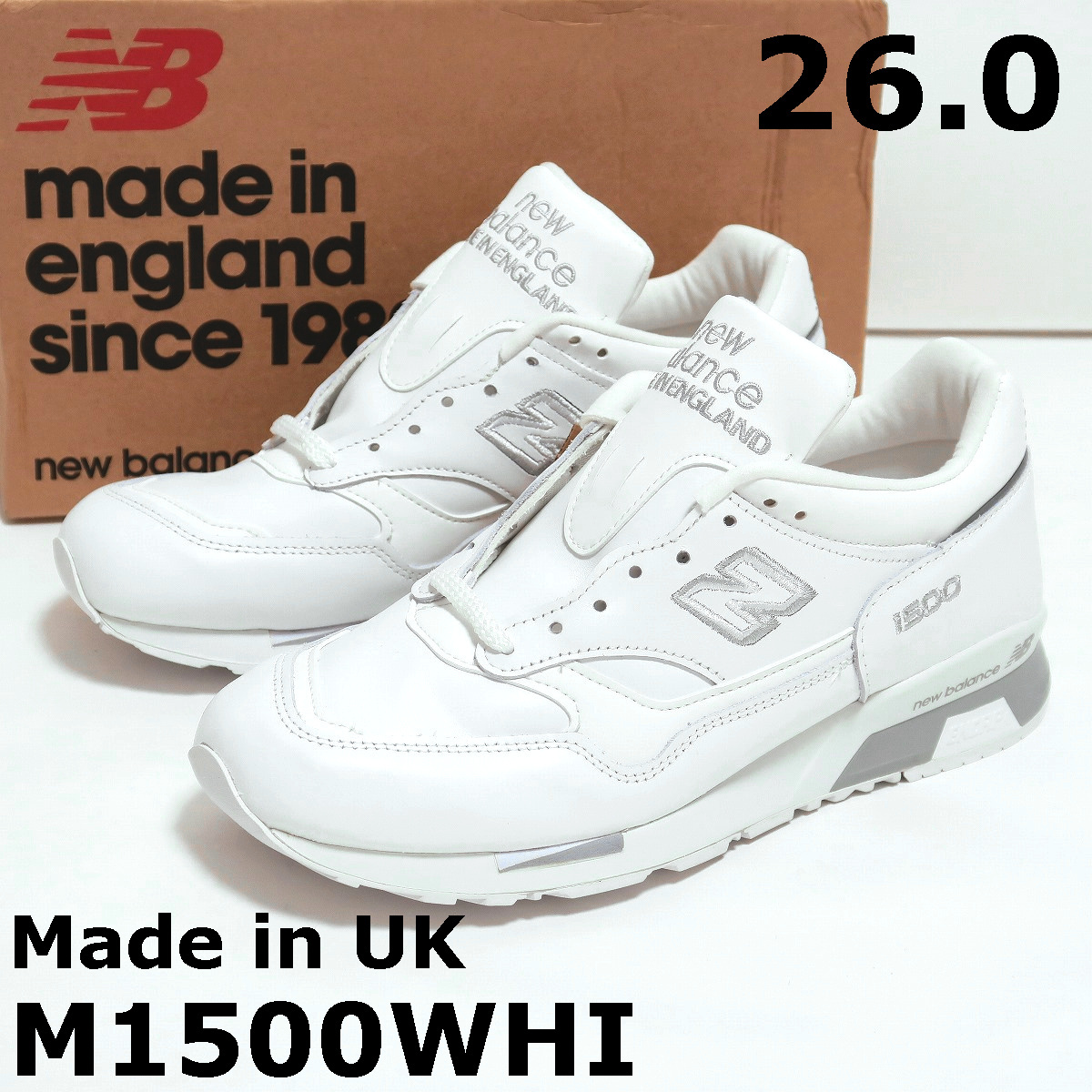 26cm 新品 英国製 ニューバランス M1500WHI レザー スニーカー 白 New Balance Made in England M1500 WHITE US8 拍卖