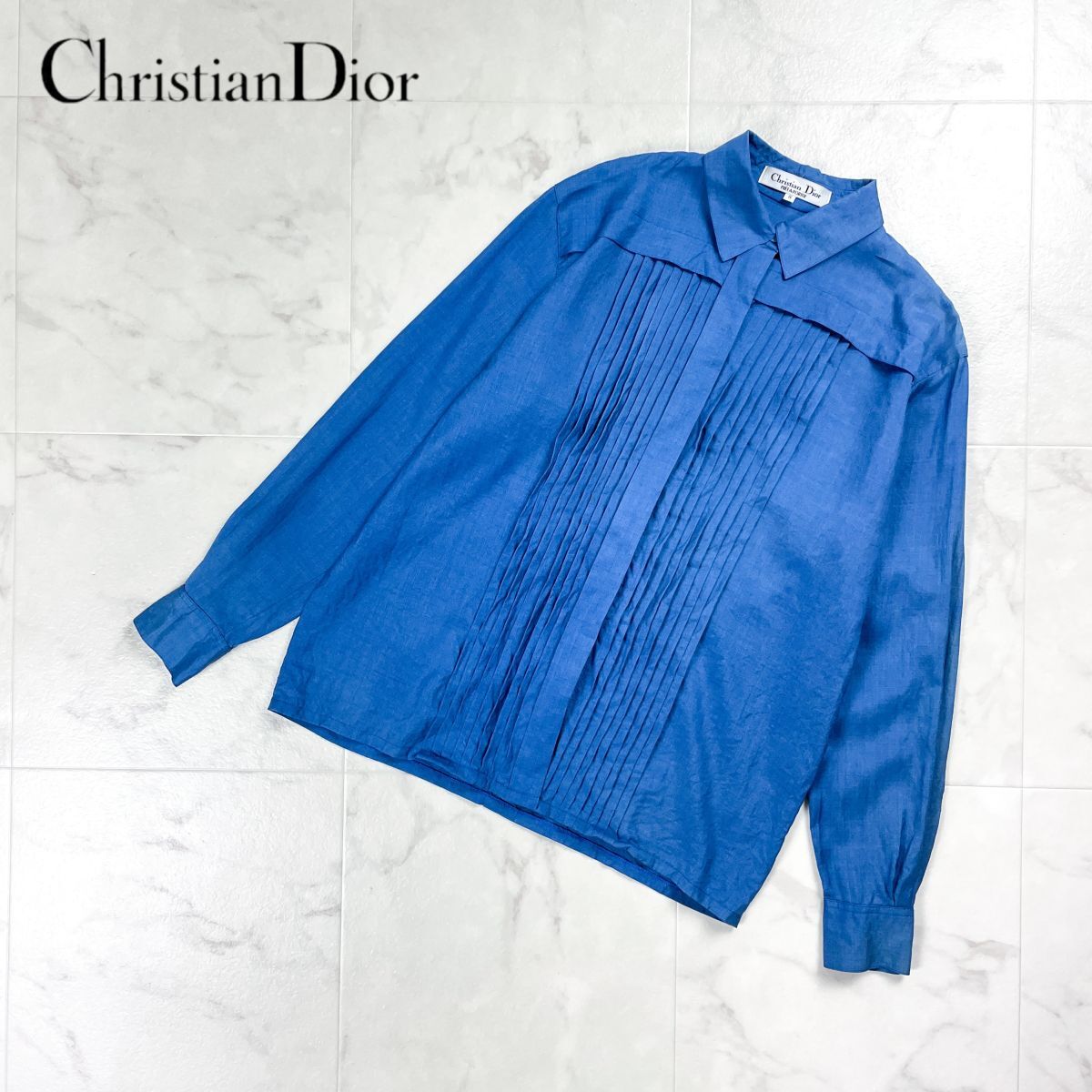 Christian Dior クリスチャンディオール ウール・シルク混 タックプリーツブラウス シャツ トップス レディース ブルー青 サイズS*HD907拍卖