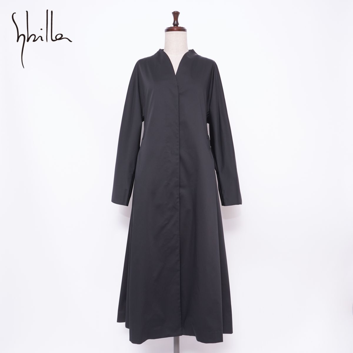 美品 Sybilla シビラ ノーカラーフレアロングコート アウター 総裏 レディース ブラック 黒 サイズM*HD912拍卖