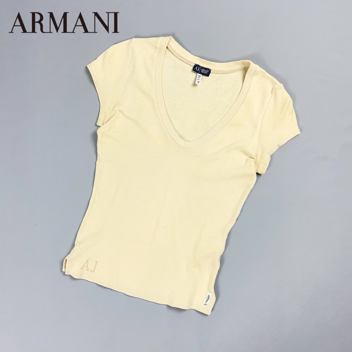 美品 ARMANI JEANS アルマーニジーンス Uネック半袖ニットTシャツ コットンセーター レディース ベージュ サイズ38*HD132拍卖