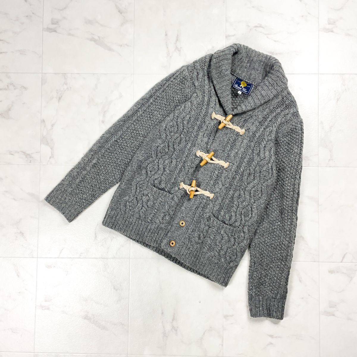 美品 BEAMS ビームス ウール100% ショールカラートグルニットカーディガン セーター 厚手 アウター メンズ グレー サイズM*HD1308拍卖