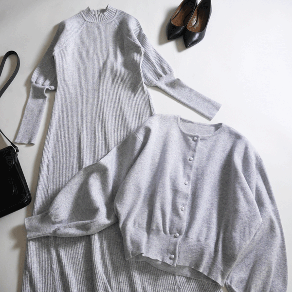 新品■SHIPSシップス■ウール混!総針カーディガン×ワイドリブワンピースニットセットアップ グレーM♪パールライクなボタン♪拍卖