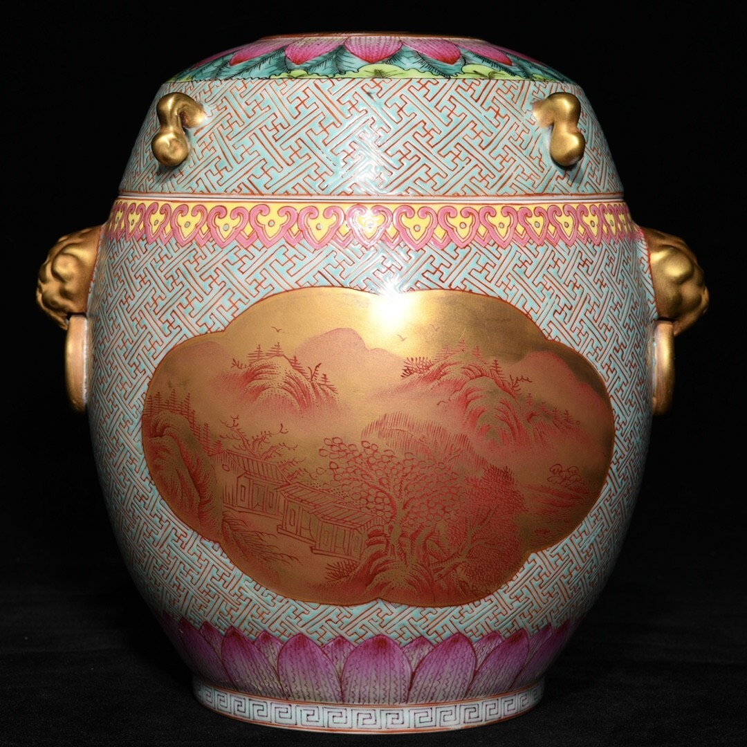 【永】清時代 大清乾隆年製 粉彩塗金 山水紋 虎頭蓋罐 古陶磁器 陶芸 皿 中国陶瓷器 唐瓷 置物擺件 古美術品 古賞物収集 旧家蔵出 中国唐物拍卖