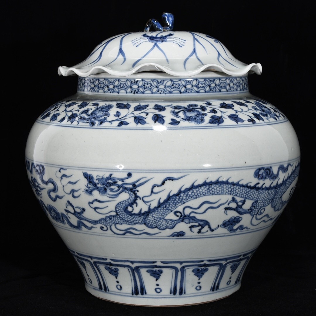 【永】元時代 青花龍紋 荷葉蓋罐 古陶磁器 陶芸 皿 中国陶瓷器 唐瓷 置物擺件 古美術品 古賞物 収集 旧家蔵出 中国唐物 A421拍卖