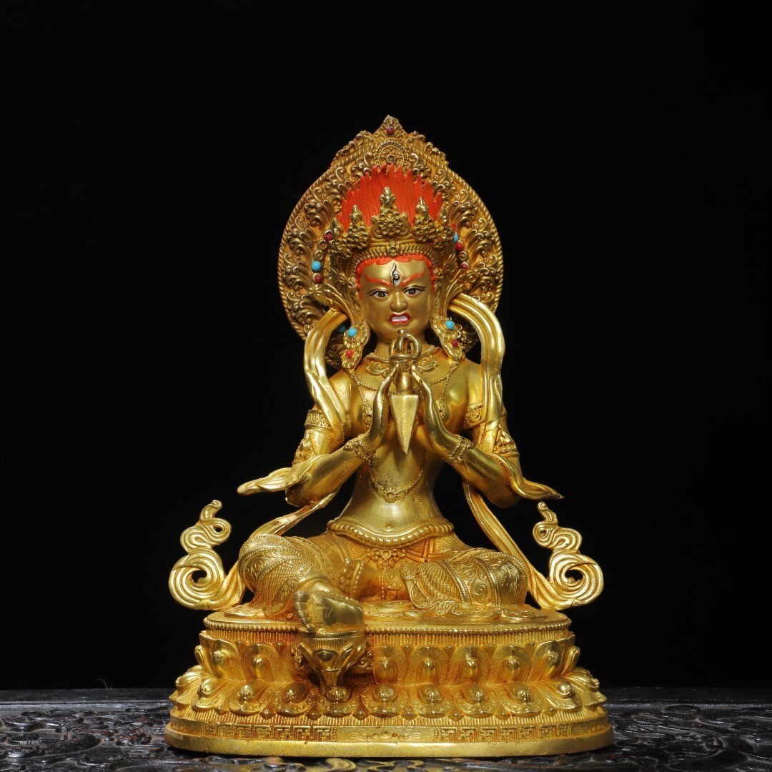 【永】明時代 塗金嵌寶石 金剛佛 佛像 仏像 宗教 仏教古美術 極細工 古銅彫 置物擺件 古美術品 時代物 古董品 収集 旧家蔵出 中国唐物 A514拍卖