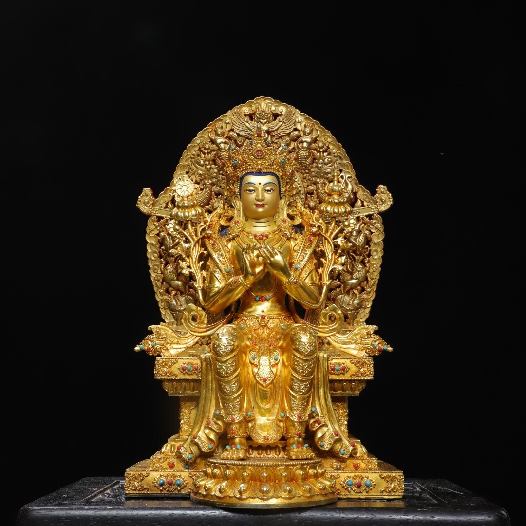 【永】明時代 塗金嵌寶石 藏傳彌勒佛 佛像 仏像 宗教 仏教古美術 極細工 古銅彫 置物擺件 古美術品 時代物 古董品 収集 旧家蔵出 中国唐物拍卖