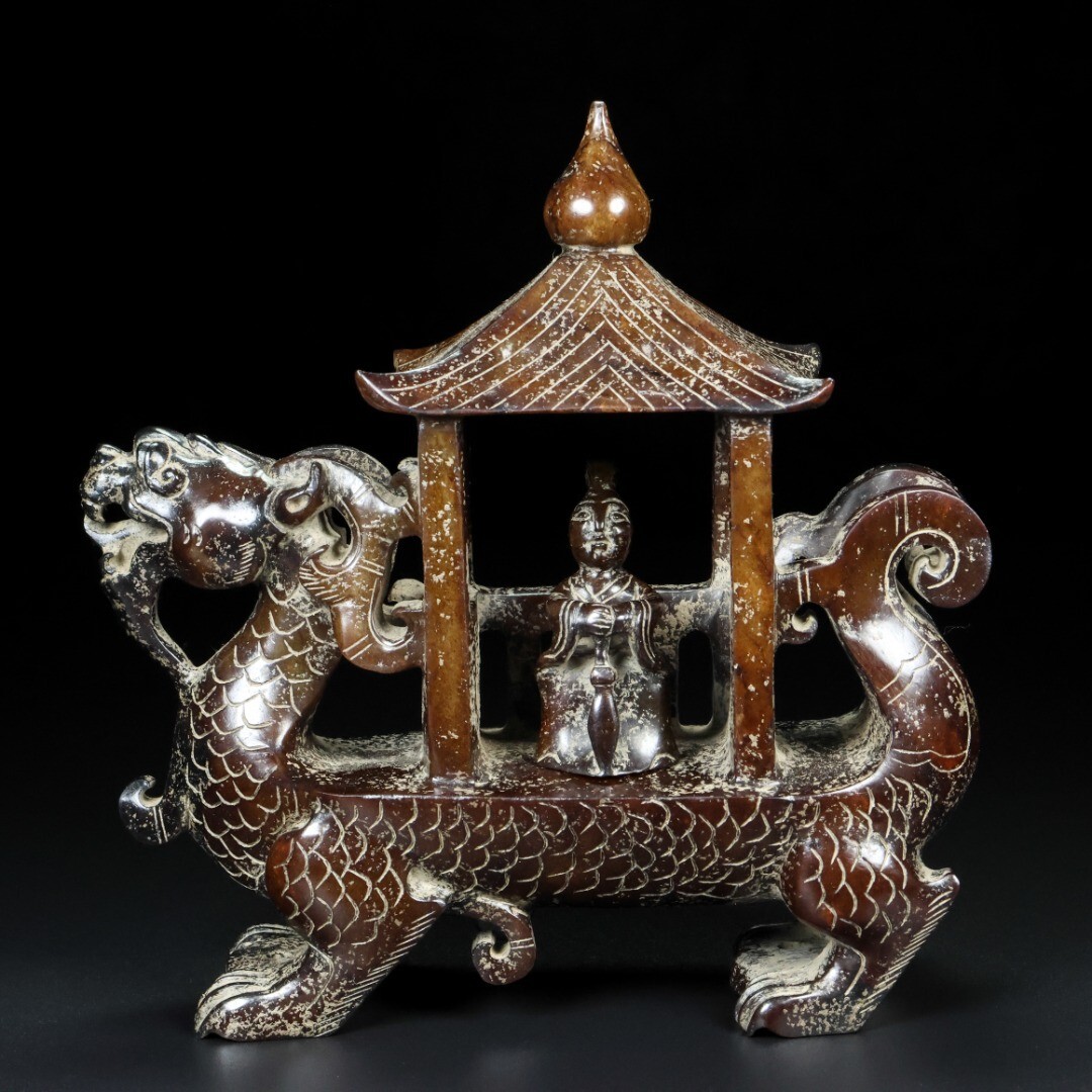 【永】漢代時期 和田玉 古玉彫 高古玉 瑞龍亭 人物彫 極細工 置物擺件 古美術品 時代物 古董品 古美味 収集 骨董品 旧家蔵出 中国唐物 921g拍卖