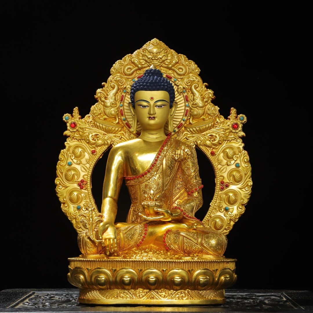 永し 明時代 古銅塗金 嵌寶石 阿彌陀佛 佛像 仏像 宗教 仏教古美術 極細工 古銅彫 置物擺件 古美術品 時代物 古董品 収集旧家蔵出 中国唐物拍卖