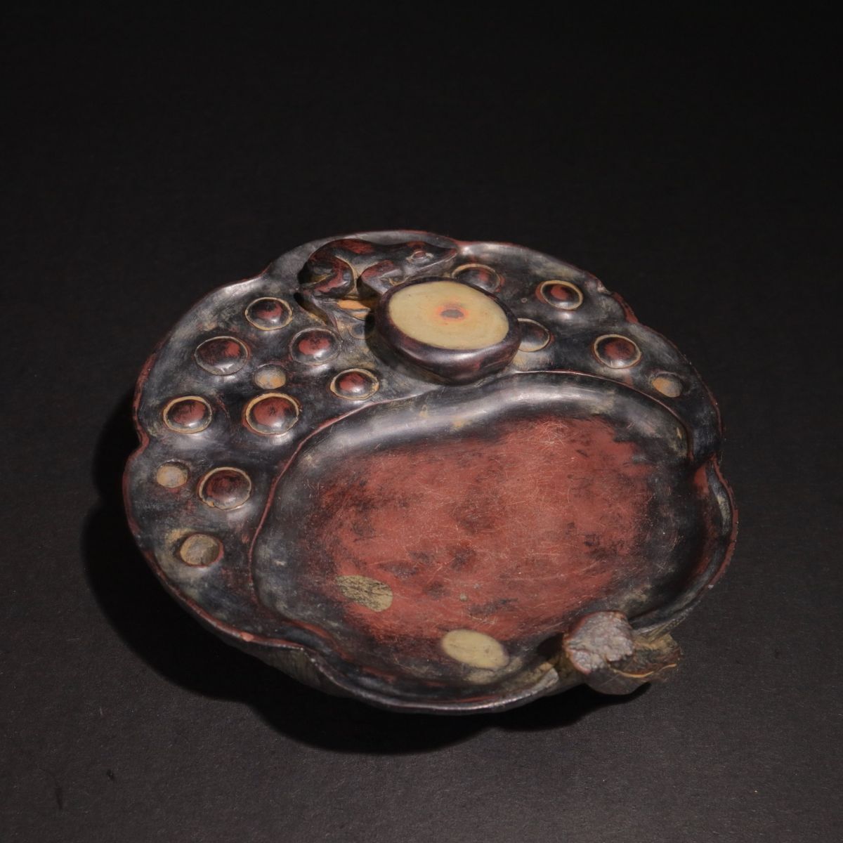 【永】清時代 阮元銘 端石彫 蓮池蛙趣硯 天然石眼 極細工 端渓硯 書道具 文房具 置物擺件 古美術品 時代物 古董品 収集 旧家蔵出 中国唐物拍卖