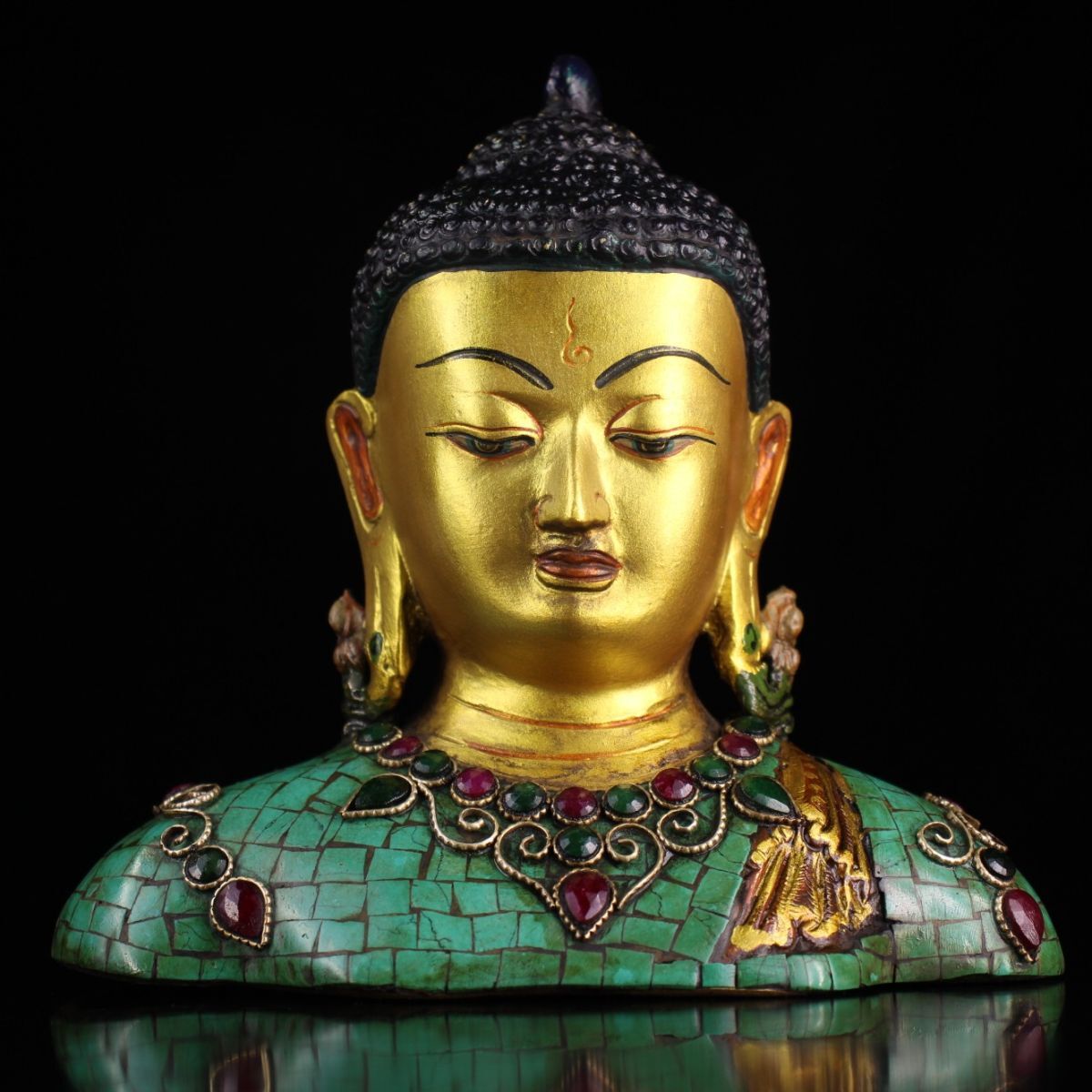 【永】明時代 塗金嵌寶石 彩絵 釋迦牟尼佛首 佛像 仏像 宗教 仏教古美術 極細工 古銅彫 置物擺件 古美術品 古董品 収集 旧家蔵出 中国唐物拍卖