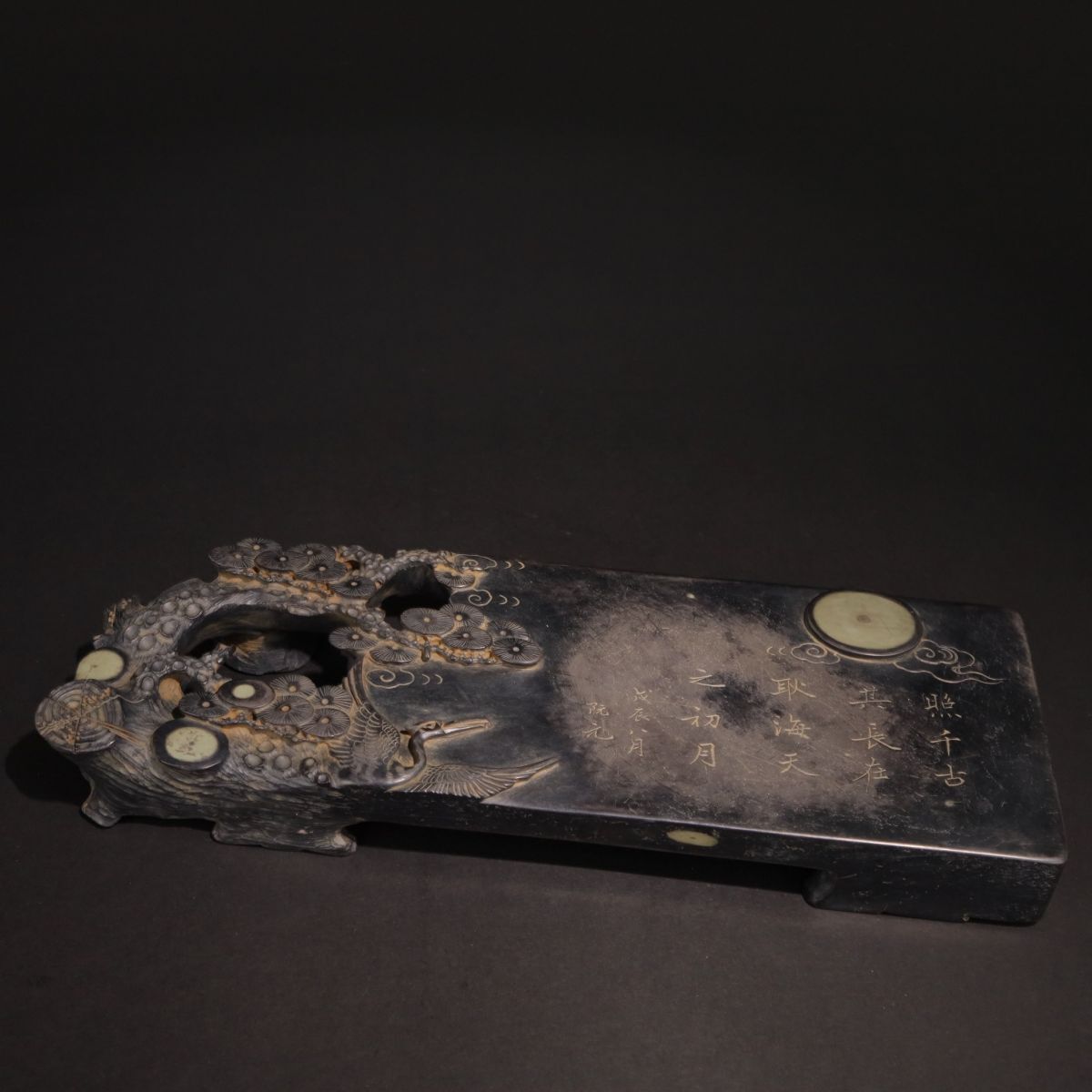 【永】清時代 阮元銘 端石彫 墨床硯 松鶴延年 天然石眼 極細工 端渓硯 書道具 文房具 置物擺件 古美術品 時代物 古董品 旧家蔵出 中国唐物拍卖