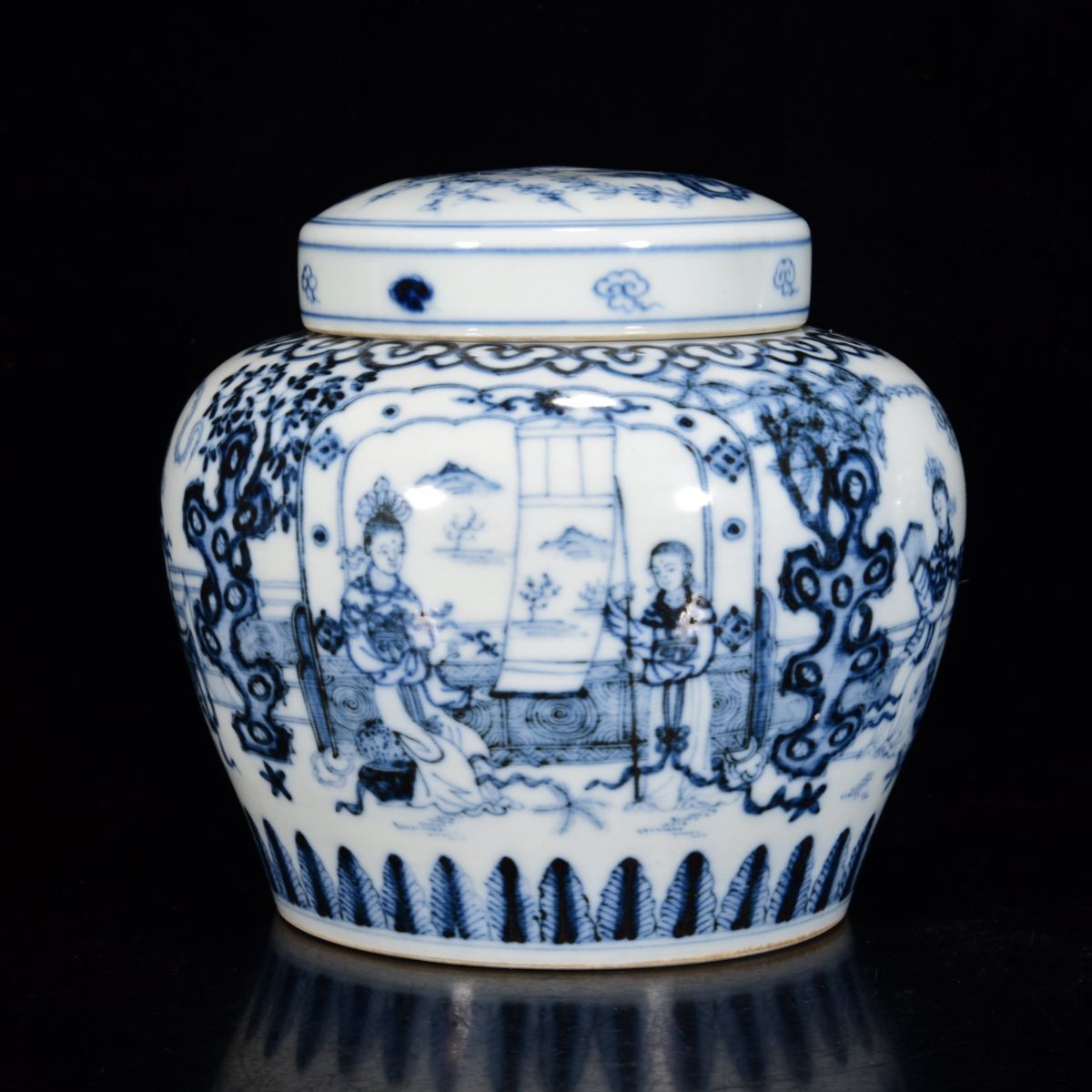 【永】明時代 大明成化年製 青花 琴棋書畫紋 天子罐 古陶磁器 陶芸 皿 中国陶瓷器 唐瓷 置物擺件 古美術品 古賞物収集 旧家蔵出 中国唐物拍卖