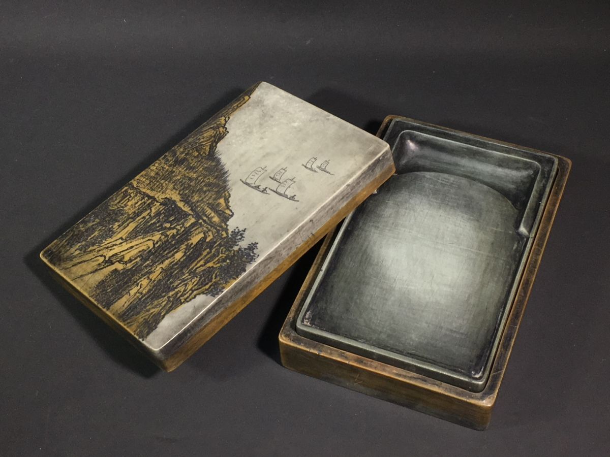 【永】清時代 在銘 端石彫 松花套硯 山水紋 端渓硯 極細工 書道具 文房具 置物擺件 古美術品 時代物 古董品 収集 旧家蔵出 中国唐物拍卖