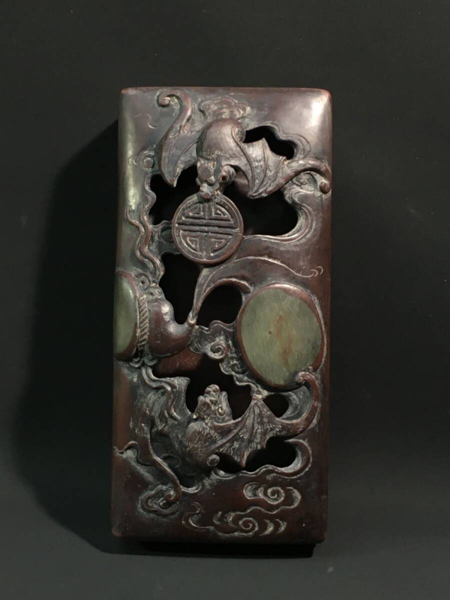 【永】清時代 呉榮光銘 端石彫 紫端蓋硯 福祿雙至 端渓硯 極細工 書道具 文房具 置物擺件 古美術品 時代物 古董品 収集 旧家蔵出 中国唐物拍卖