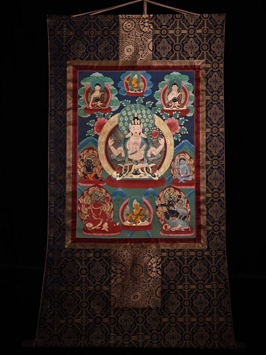 永し 明時代 寺廟藏傳 密教 明代高僧絵 鉱物彩【四臂觀音 佛図】肉筆保証 掛け軸 極細工 古美術品 時代物 古董品 旧家蔵出 中国唐物 A64拍卖