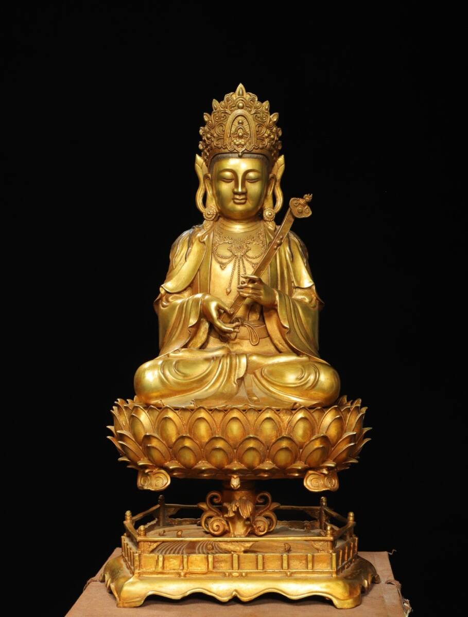 【永】明時代 古銅塗金 如意觀音 蓮座 佛像 仏像 宗教 仏教古美術 極細工 古銅彫 置物擺件 古美術品 時代物 古董品 収集 旧家蔵出 中国唐物拍卖