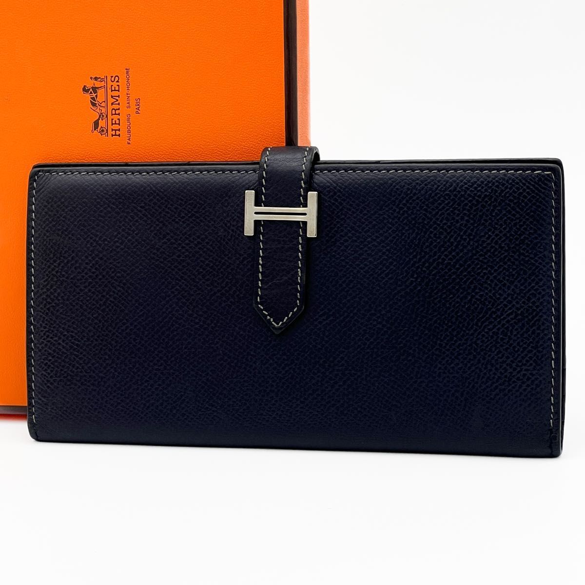 SALE【美品】HERMES エルメス べアン ヴォーエプソン ダークネイビー 黒系 シルバー金具拍卖