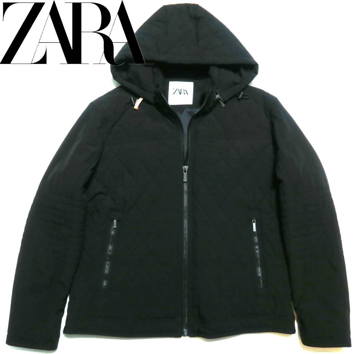 B008■USED 中古衣料 ZARA ザラメン 秋冬 フード付きキルティング 中綿ブルゾン 黒色系 日本XLサイズ拍卖