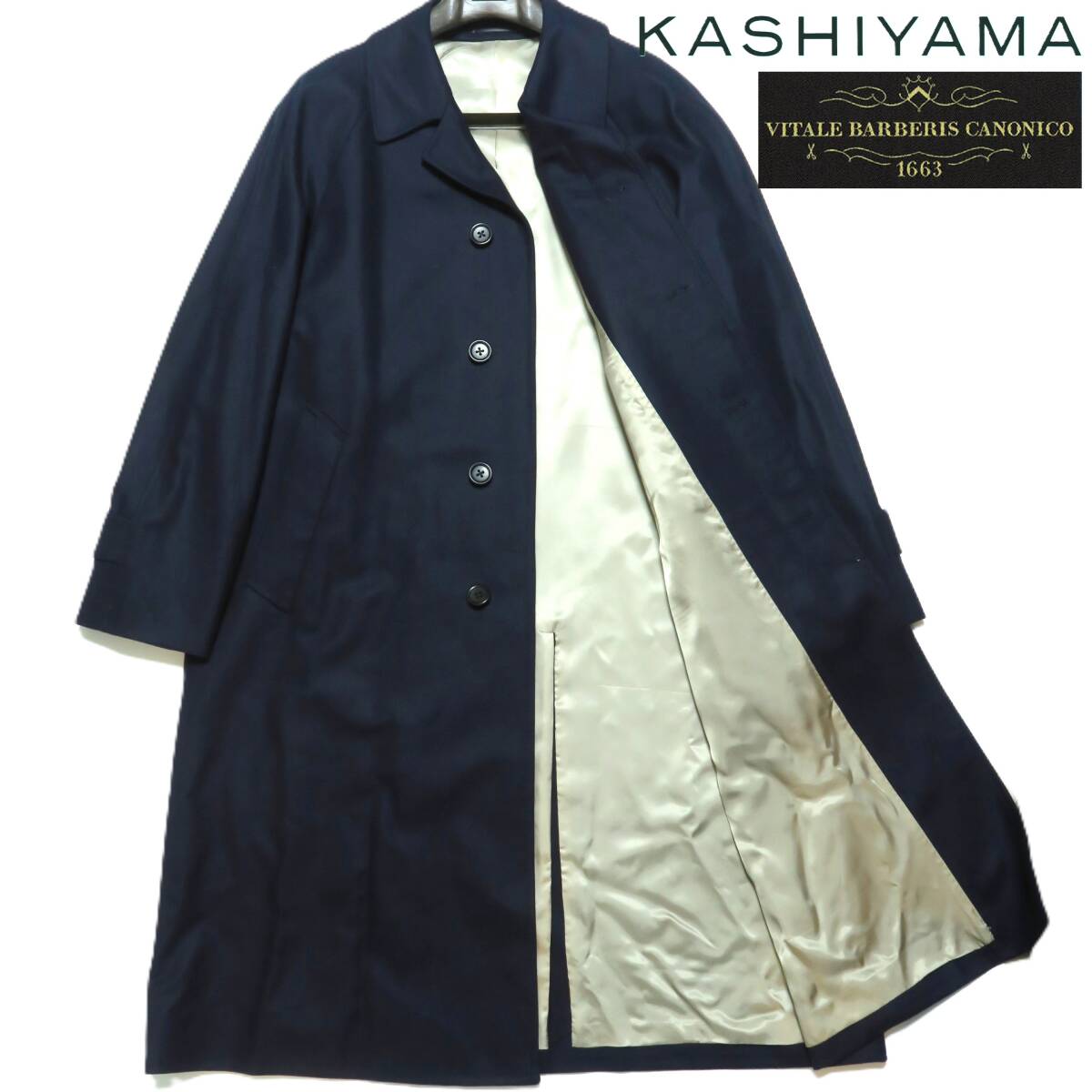 送料無料■秋冬 オンワード樫山 KASHIYAMA カシヤマ 日本製 紺色系無地 カノニコ社イタリア製生地 高級ウールステンカラーコート 幅広のL拍卖