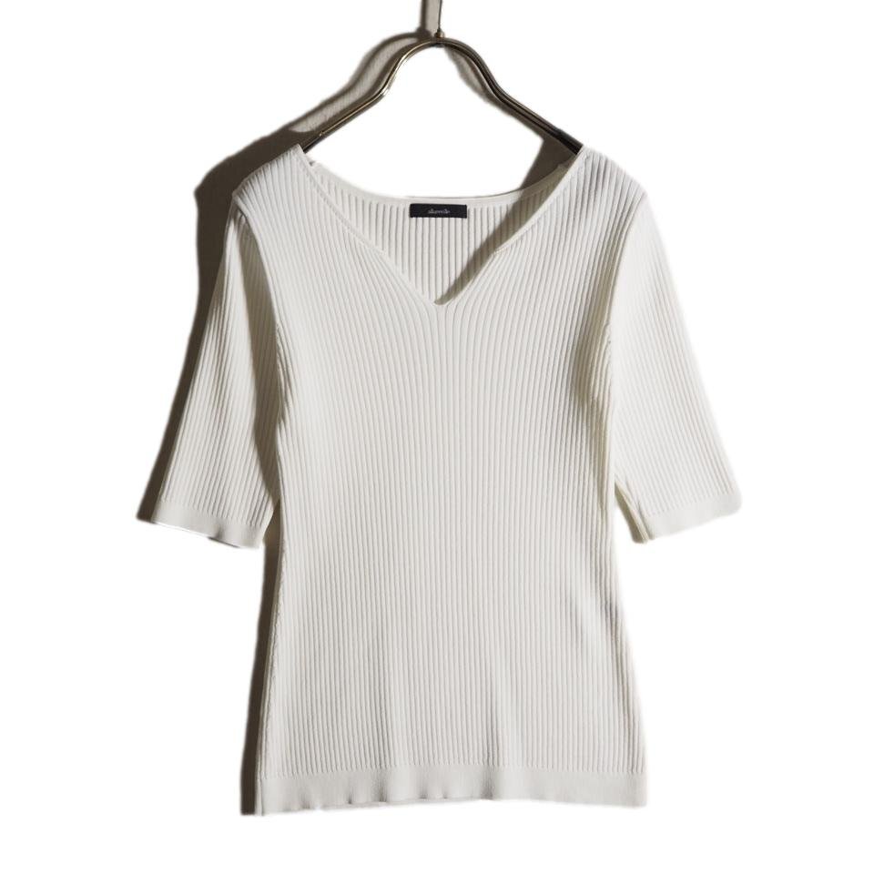 R2508f1 ▼allureville アルアバイル▼ 新品同様 レーヨンナイロン Vネック ハーフスリーブ リブニット ホワイト 2 カットソー 白 春~秋拍卖