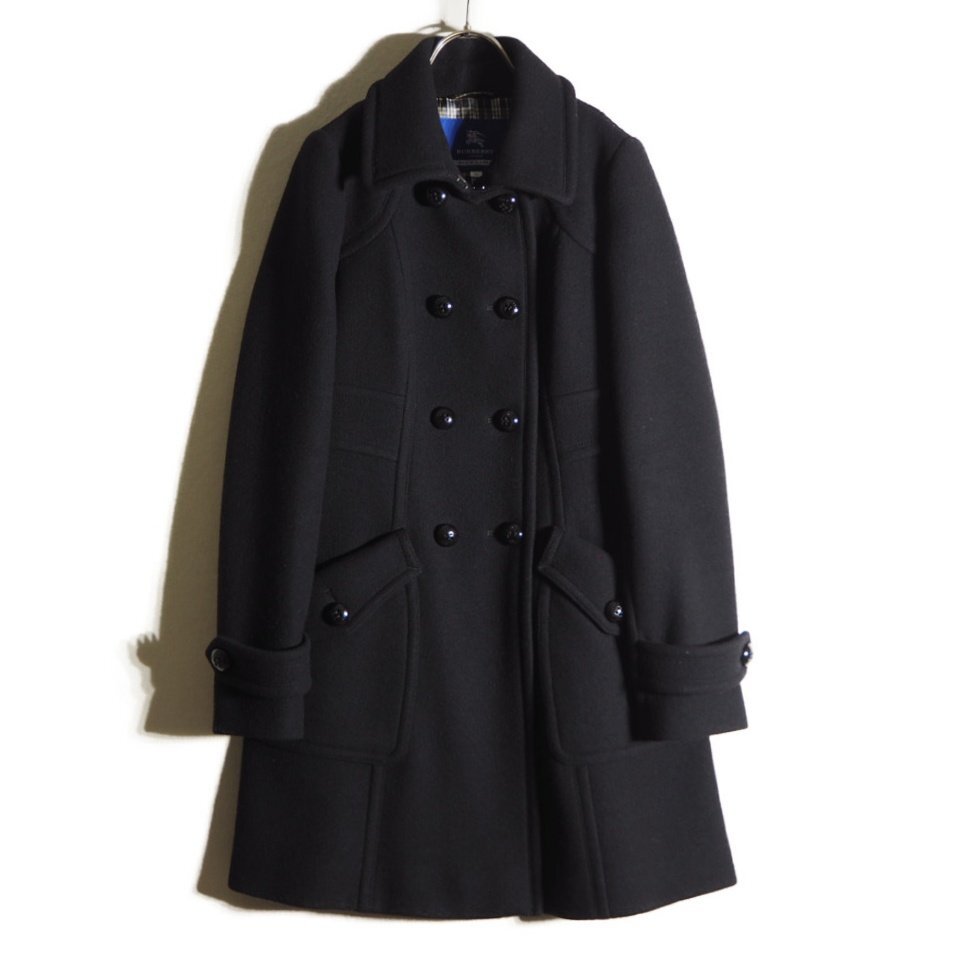 R3052h18 ▼BURBERRY BLUE LABEL バーバリー ブルーレーベル▼ ウール ロング Pコート ブラック 38 / 黒 裏チェック ミドルコート 秋冬拍卖